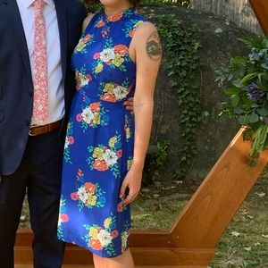 Blue Floral Mock Neck Dress